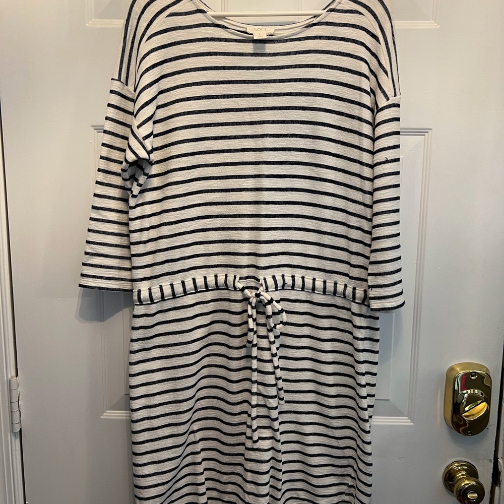 Loft Outlet Lounge navy and cream striped tie waist dress.
